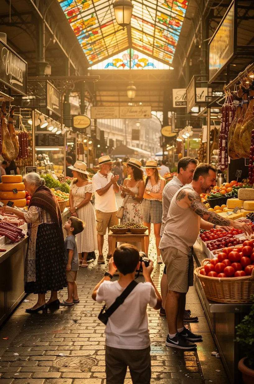 Vista panorámica de un mercado local en España con puestos de alimentos frescos, artesanías tradicionales y gente disfrutando en una plaza del barrio.